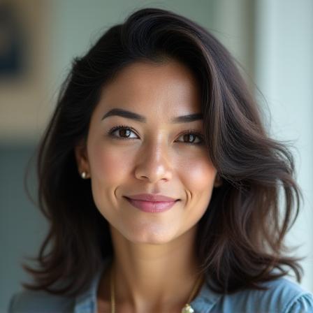 Portrait of Sophia Khan, Mental Wellness Specialist, a calm woman in her late 30s