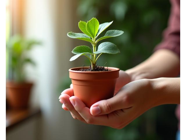 A comforting image of hands gently holding a small terracotta pot with a thriving green plant, symbolizing growth and care.