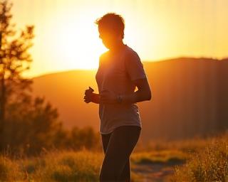 Older adult running with vitality at sunset