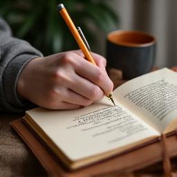 Hands writing in a gratitude journal with nature in background