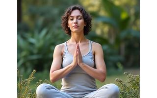 Person meditating peacefully in a yoga pose outdoors