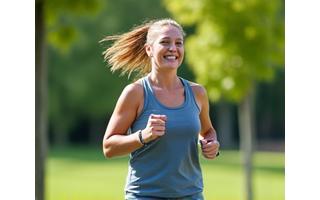 Woman enjoying a light jog in a park surrounded by greenery, looking energetic