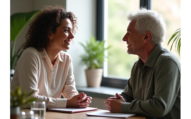 Woman and coach discussing health goals in a bright, modern setting.