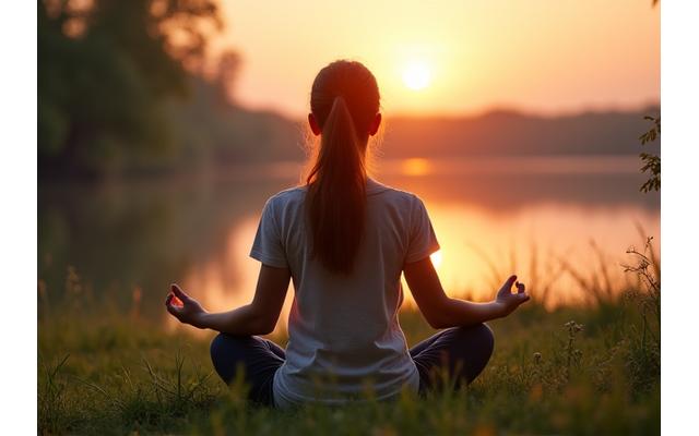 Person meditating peacefully in a serene, natural outdoor setting with gentle sunlight.