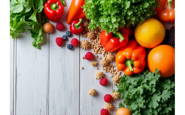 Assortment of fresh, healthy vegetables and fruits on a wooden table, symbolizing nutritious eating.